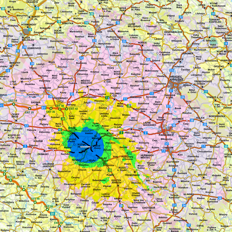 mapka Kutn Hora/Kak 353+40m - 87.7 MHz/200W
